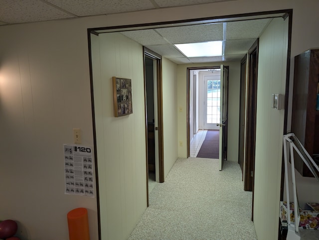 hallway with a paneled ceiling and light colored carpet