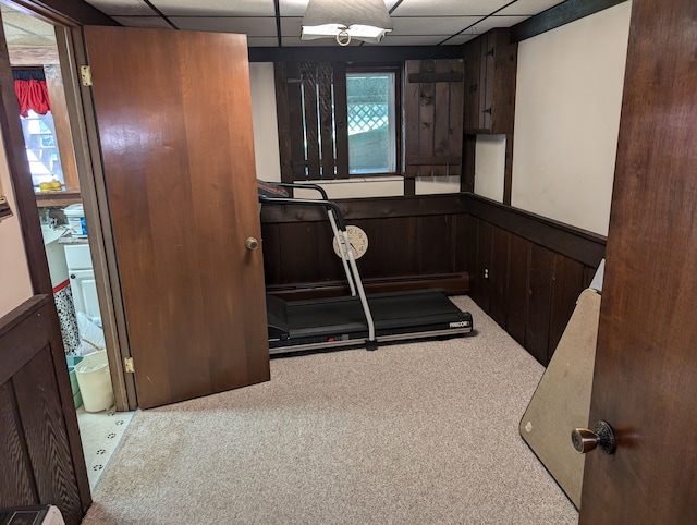 exercise area featuring a drop ceiling, wood walls, and light colored carpet