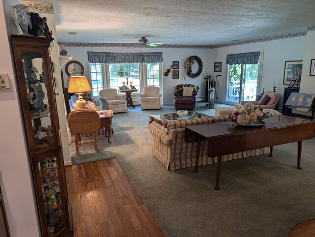 3641 Green Lake Rd, West Bloomfield, MI 48324 - living area featuring plenty of natural light, a textured ceiling, a ceiling fan, and wood finished floors