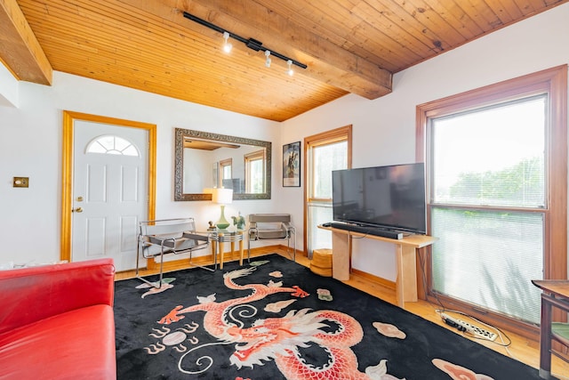 living room featuring wood-type flooring, beam ceiling, rail lighting, and wood ceiling