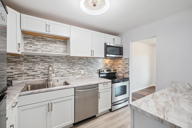 kitchen with white cabinetry, sink, stainless steel appliances, decorative backsplash, and light wood-type flooring