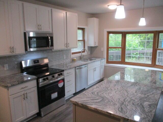 kitchen featuring a wealth of natural light, white cabinetry, sink, and appliances with stainless steel finishes