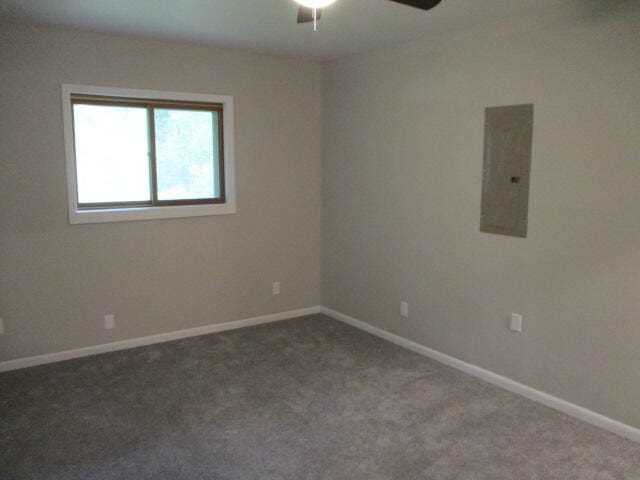 carpeted spare room with electric panel and ceiling fan