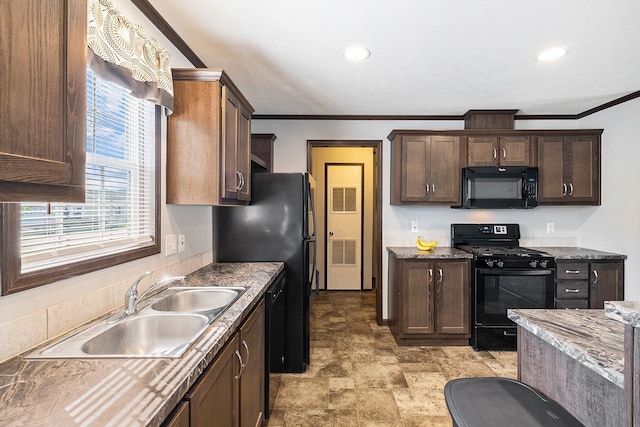 kitchen with dark brown cabinetry, sink, black appliances, and ornamental molding