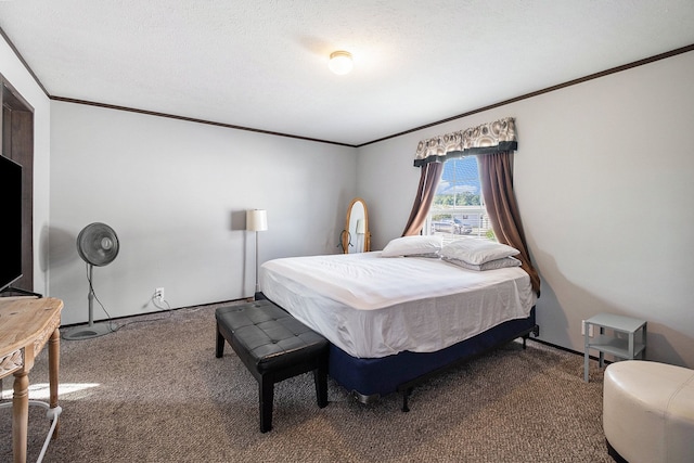 bedroom with carpet flooring, crown molding, and a textured ceiling