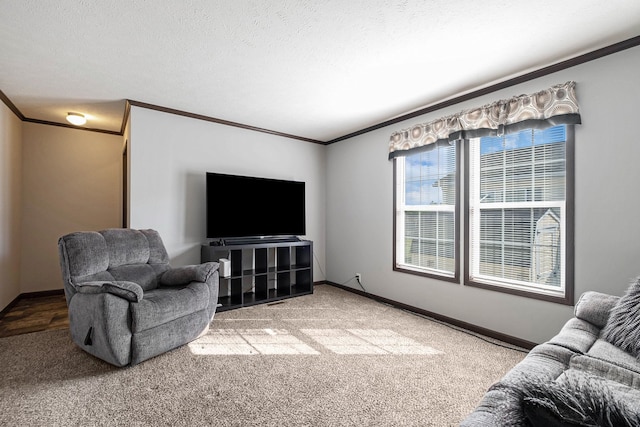 carpeted living room with a textured ceiling and crown molding