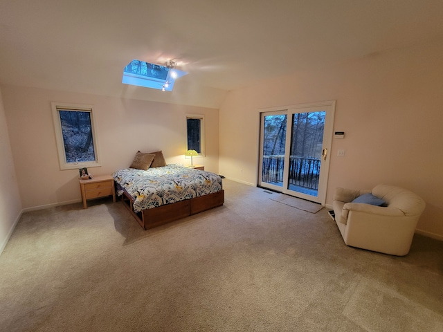 bedroom with lofted ceiling, access to outside, ceiling fan, and carpet