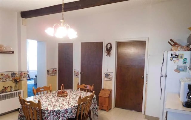 dining space featuring radiator heating unit, beamed ceiling, and a notable chandelier