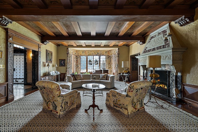 living room featuring beam ceiling