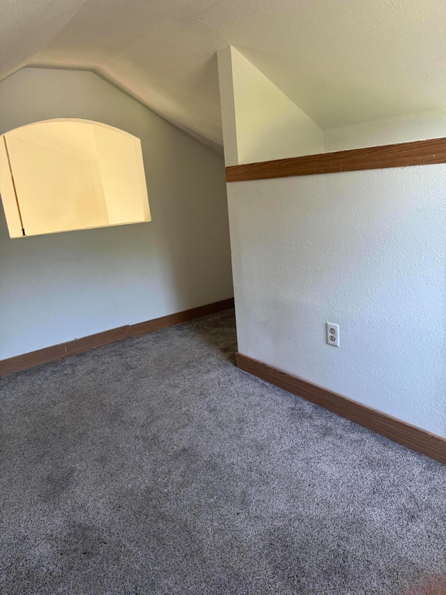 bonus room featuring a textured ceiling, carpet floors, and lofted ceiling