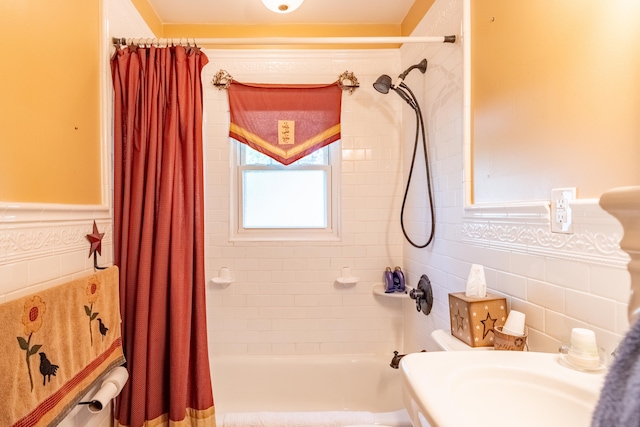 bathroom featuring shower / bath combo, backsplash, toilet, and tile walls