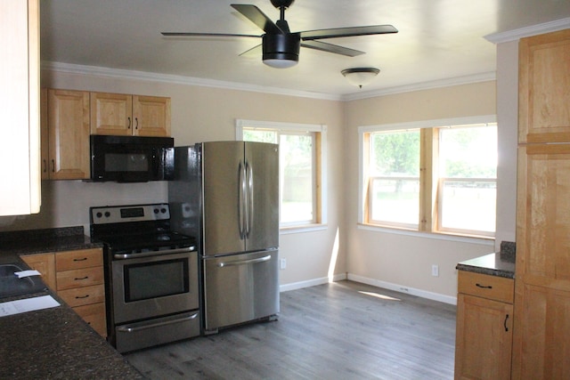 kitchen featuring ornamental molding, stainless steel appliances, ceiling fan, sink, and hardwood / wood-style flooring