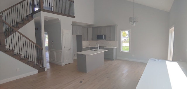 kitchen featuring sink, high vaulted ceiling, pendant lighting, light hardwood / wood-style floors, and a center island with sink