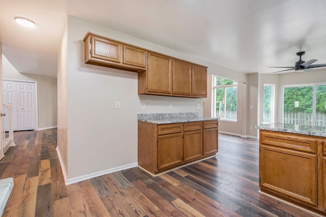 kitchen with light stone counters, ceiling fan, and dark wood-type flooring