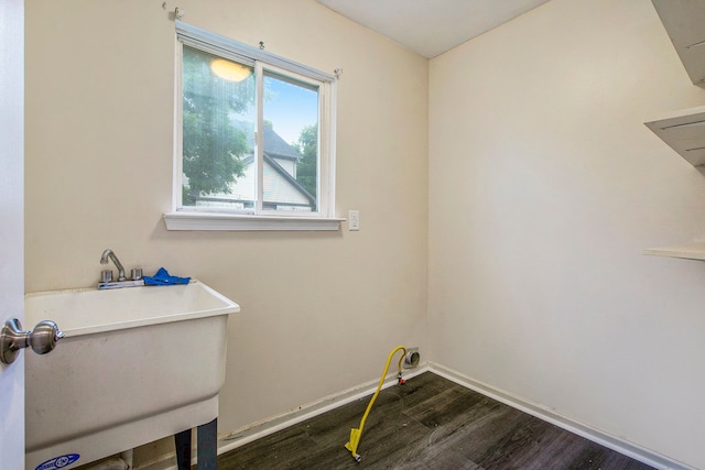 clothes washing area featuring sink and dark hardwood / wood-style floors