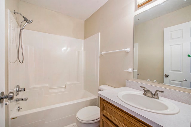 full bathroom with bathtub / shower combination, tile patterned floors, vanity, and toilet