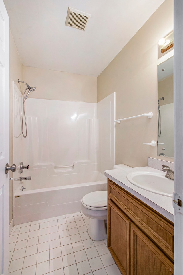 full bathroom with toilet, vanity, shower / bath combination, and tile patterned floors