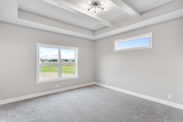 9139 Perry Ct, Zeeland, MI 49464 - carpeted empty room with beamed ceiling, baseboards, and a chandelier