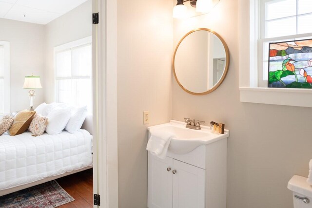 bathroom with hardwood / wood-style floors, vanity, and toilet