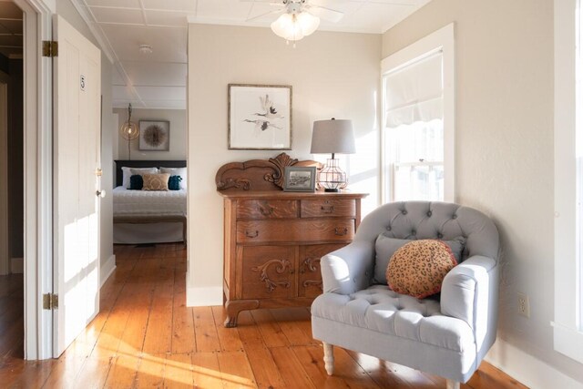 living area featuring light hardwood / wood-style floors and ceiling fan