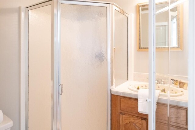 bathroom featuring vanity and a shower with door