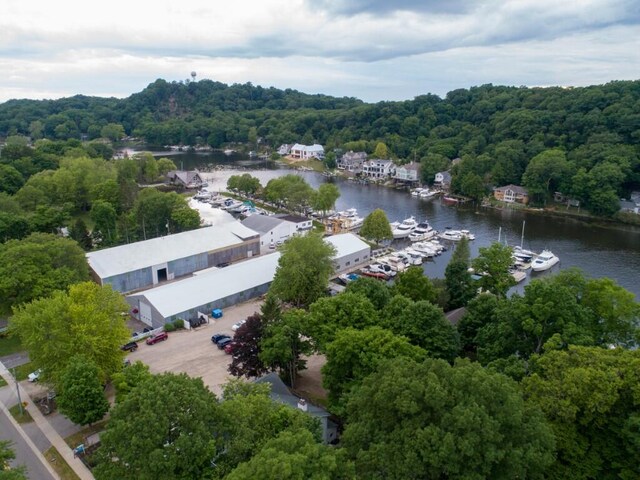 bird's eye view with a water view