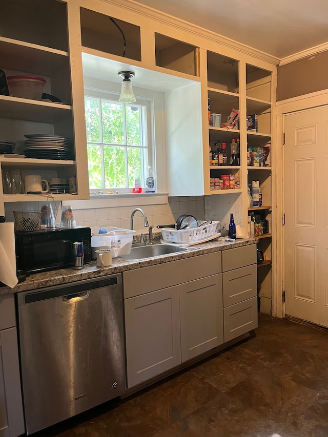 kitchen with dishwasher, dark stone counters, sink, gray cabinets, and tasteful backsplash