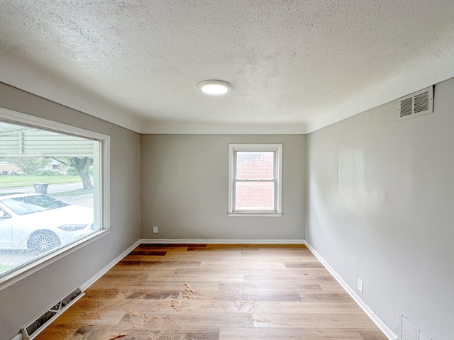 empty room featuring a textured ceiling, light hardwood / wood-style floors, and plenty of natural light