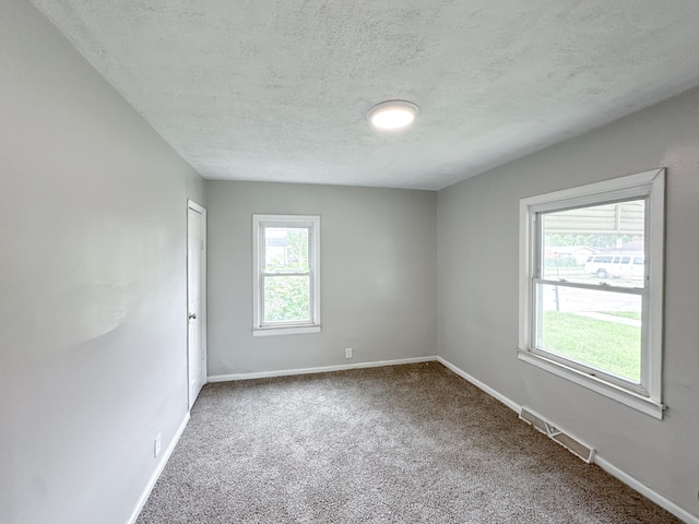 unfurnished room with carpet flooring and a textured ceiling