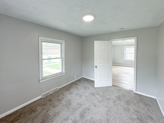 spare room with carpet, a healthy amount of sunlight, and a textured ceiling