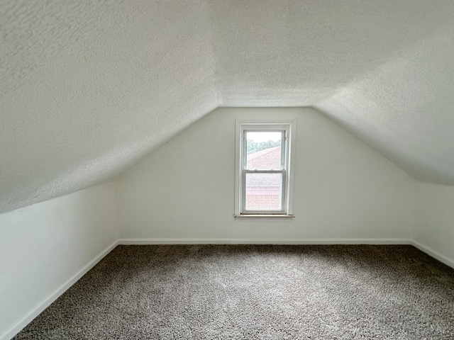 bonus room with carpet, a textured ceiling, and vaulted ceiling