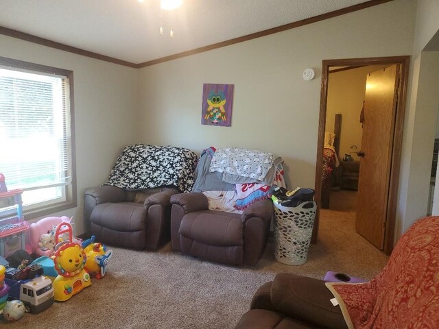 5232 E Broadway, Mount Pleasant, MI 48858 - living room featuring vaulted ceiling, carpet floors, and crown molding