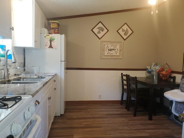 5232 E Broadway, Mount Pleasant, MI 48858 - kitchen with dark wood finished floors, a sink, white cabinetry, white range with gas stovetop, and wainscoting