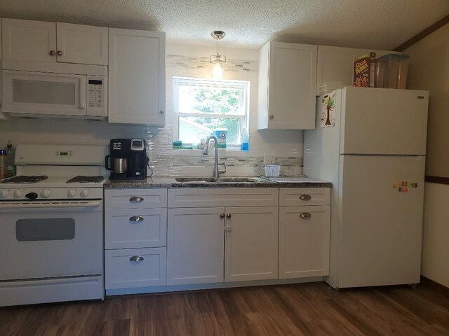 5232 E Broadway, Mount Pleasant, MI 48858 - kitchen with white appliances, a sink, white cabinetry, dark wood-type flooring, and a textured ceiling