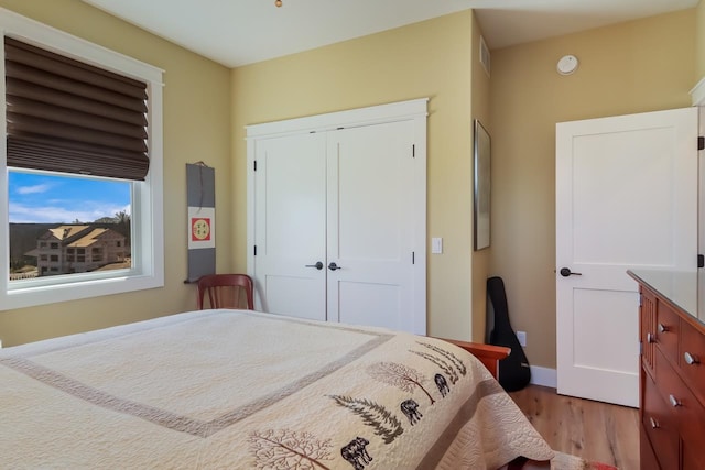 bedroom with hardwood / wood-style floors and a closet