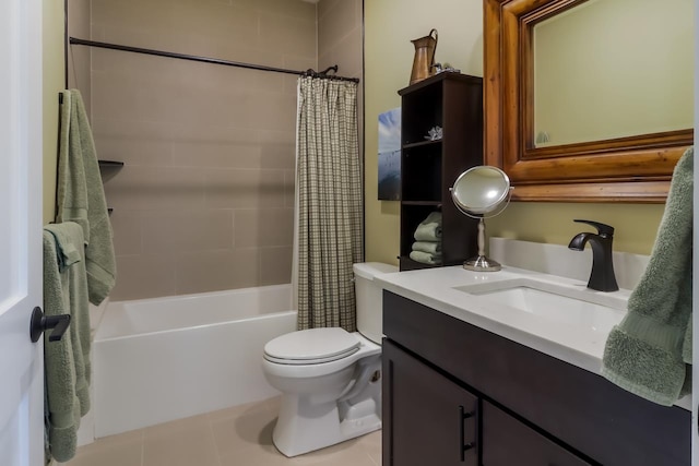 full bathroom featuring tile patterned floors, shower / bath combination with curtain, toilet, and vanity