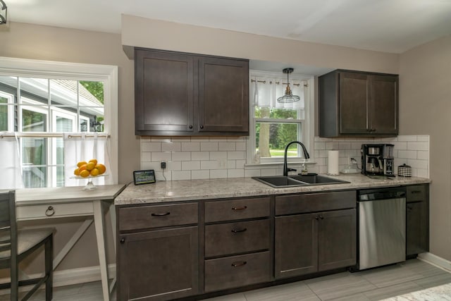 609 3rd St, Muskegon, MI 49445 - kitchen featuring a sink, dishwasher, dark brown cabinetry, and backsplash