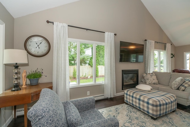 609 3rd St, Muskegon, MI 49445 - living area with a baseboard radiator, a glass covered fireplace, high vaulted ceiling, wood finished floors, and baseboards