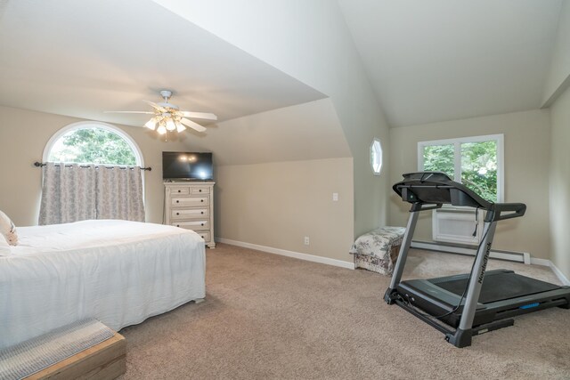 609 3rd St, Muskegon, MI 49445 - carpeted bedroom with baseboard heating, lofted ceiling, baseboards, and ceiling fan
