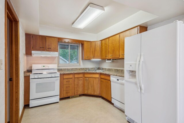 2973 Round Lake Hwy, Manitou Beach, MI 49253 - kitchen featuring white appliances, exhaust hood, a sink, light countertops, and brown cabinets