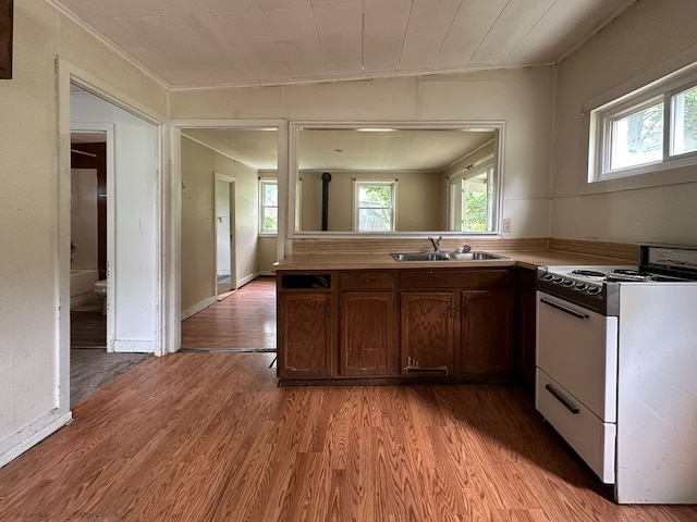 kitchen featuring lofted ceiling, white stove, sink, light hardwood / wood-style flooring, and ornamental molding