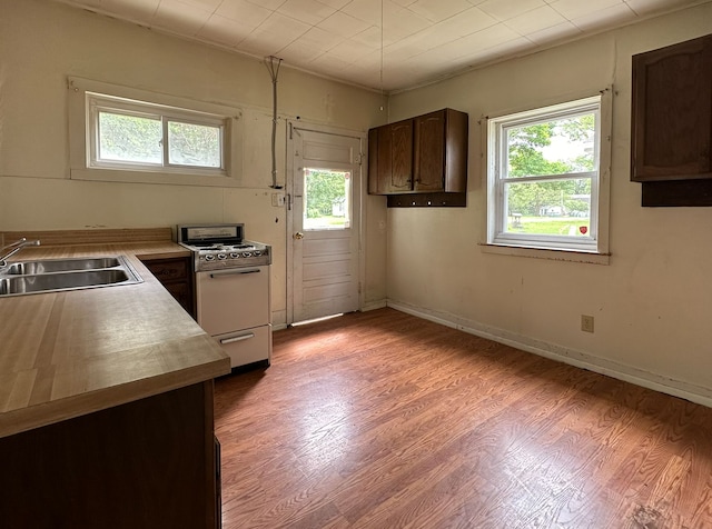 kitchen featuring white range with gas stovetop, light hardwood / wood-style flooring, a healthy amount of sunlight, and sink