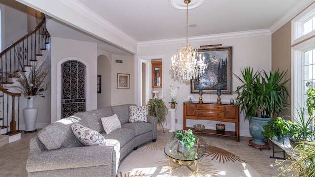 740 Greystone Dr, Chelsea, MI 48118 - living area featuring arched walkways, ornamental molding, a chandelier, baseboards, and stairs
