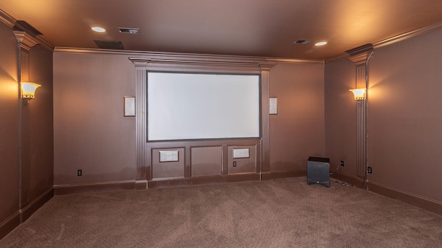 740 Greystone Dr, Chelsea, MI 48118 - home theater room featuring ornamental molding, carpet, baseboards, and recessed lighting