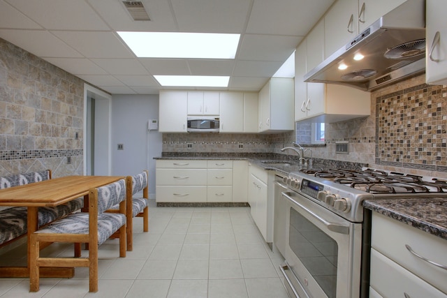 46070 Edgewater Dr, Chesterfield, MI 48047 - kitchen with gas range, under cabinet range hood, stainless steel microwave, a sink, and white cabinetry