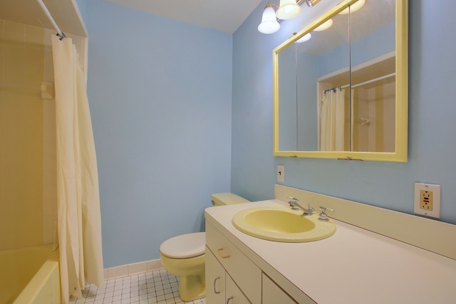 full bathroom with tile patterned flooring, vanity, shower / tub combo, and toilet