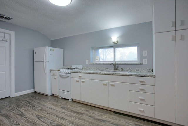 46070 Edgewater Dr, Chesterfield, MI 48047 - kitchen with a sink, white appliances, wood finished floors, and white cabinetry
