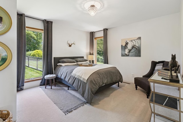 bedroom featuring light colored carpet and multiple windows