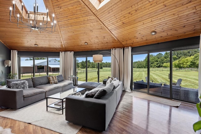 living room with a chandelier, wood-type flooring, a skylight, and wooden ceiling