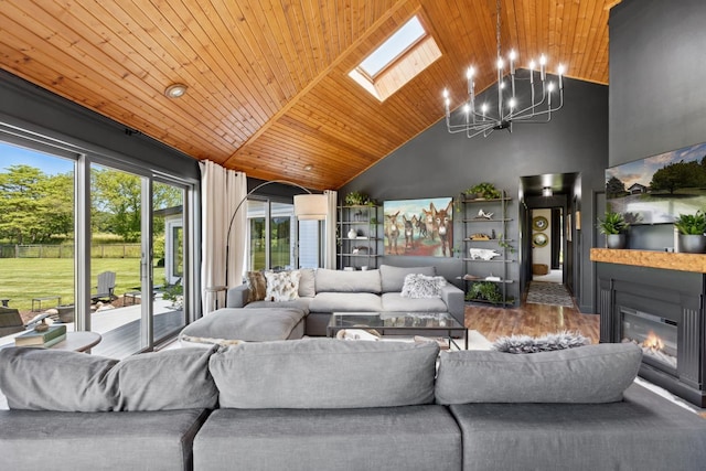 living room with high vaulted ceiling, wood-type flooring, a skylight, a notable chandelier, and wood ceiling